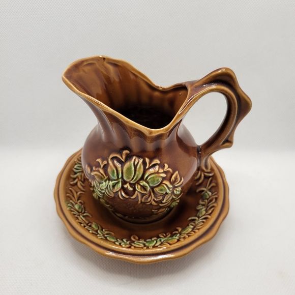 Vintage Japan Pottery Small Water Pitcher and Basin in Brown with Raised Florals - Picture 2 of 12